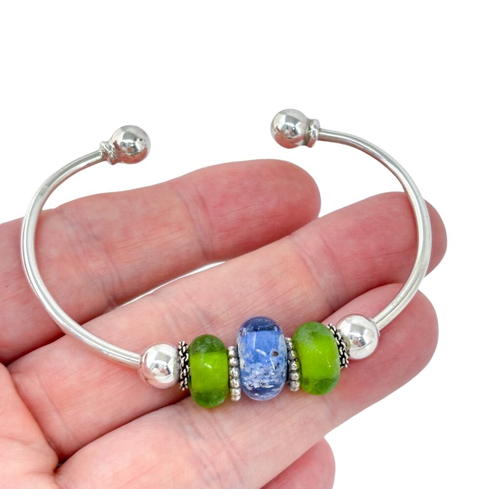 Vintage Sterling Silver 925 Green Blue Glass Ball Tip Cuff Bracelet | 7"